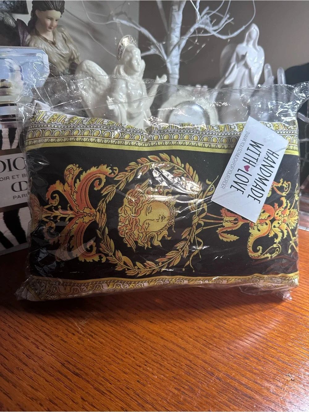 (Purse Pillow) Handmade Black and Gold Decorative Pillow with Baroque Medallion